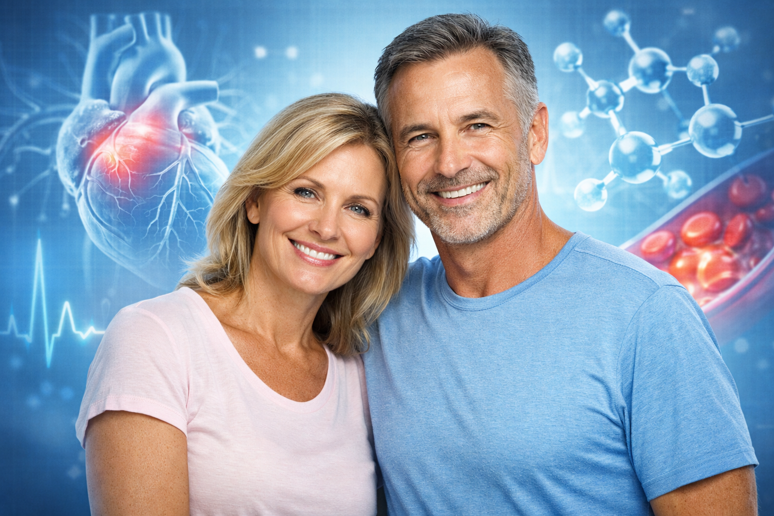Healthy middle-aged couple with scientific heart and circulation concept