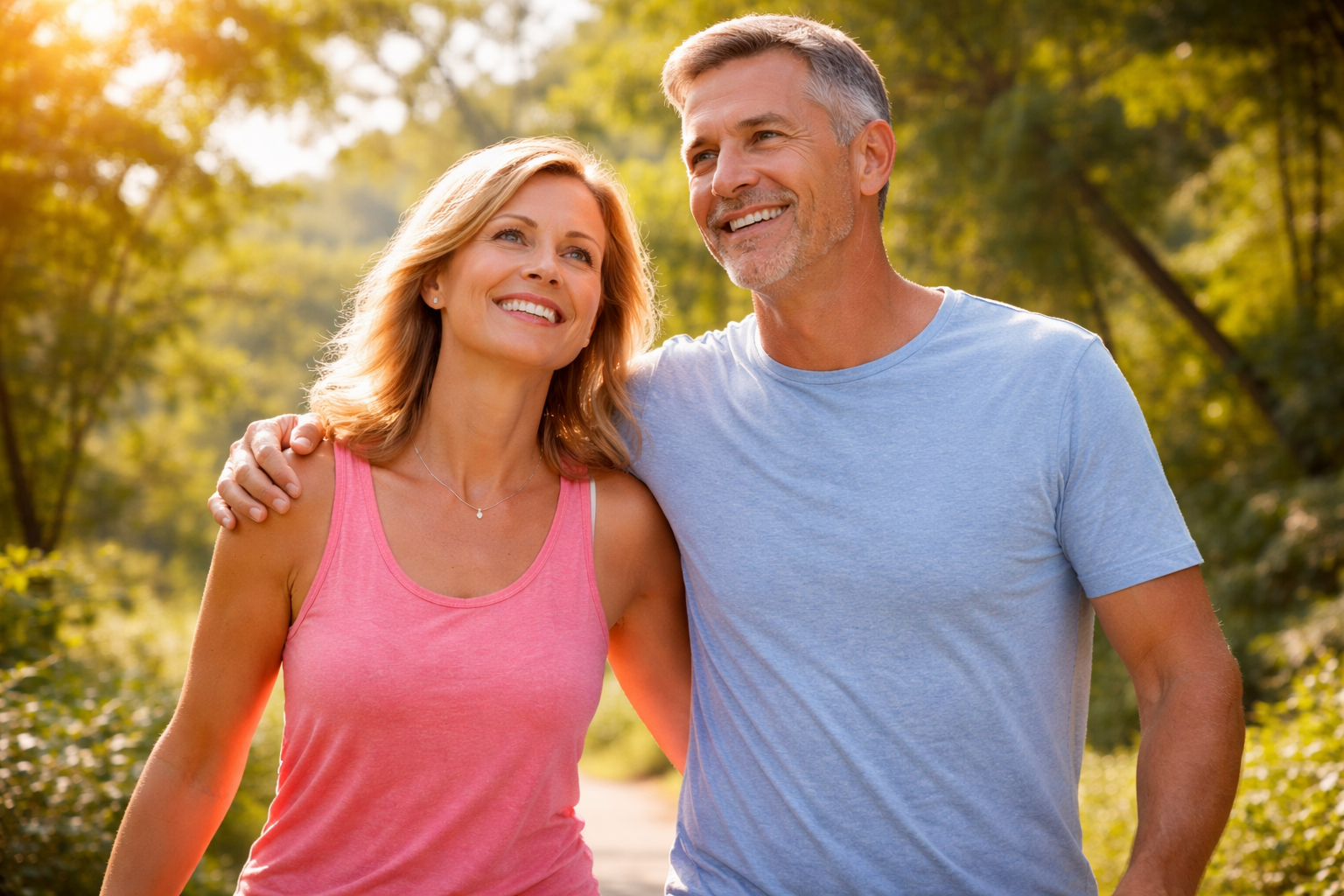 Happy 45+ couple walking outdoors